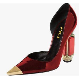 FSJ Red Bridal Pointed Toe Chunky High Heel Crystal Pumps Slip on Wedding Shoes